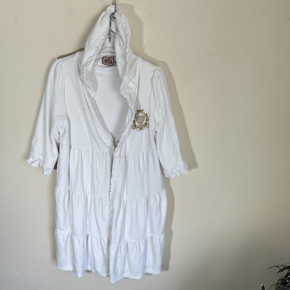 Vtg 90s Y2k Rare JUICY COUTURE White Hooded Robe Ruffles Tiered Robe Size M